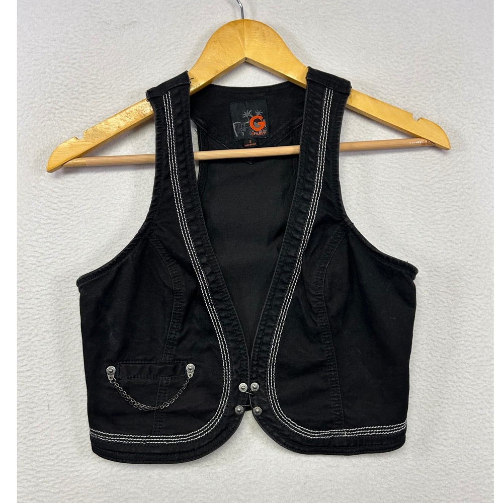 Y2K Biker Core G by Guess Womens Small Black Contrast Stitch Chain Crop Vest